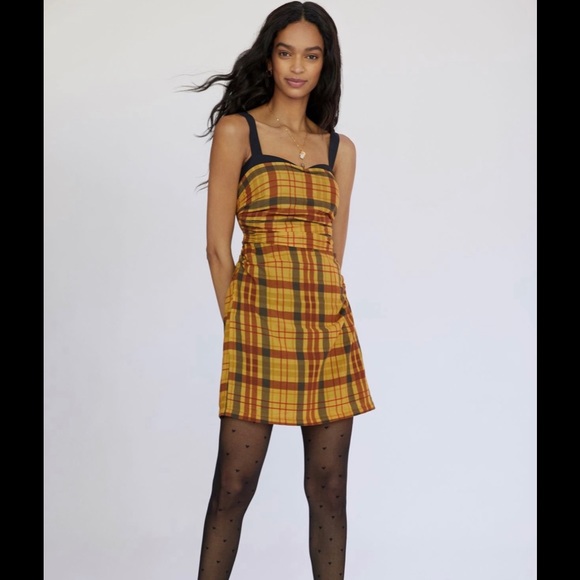 Let Me Be Plaid Mini Dress in Yellow and Red Plaid by Anthropologie size M NWT - Picture 1 of 14